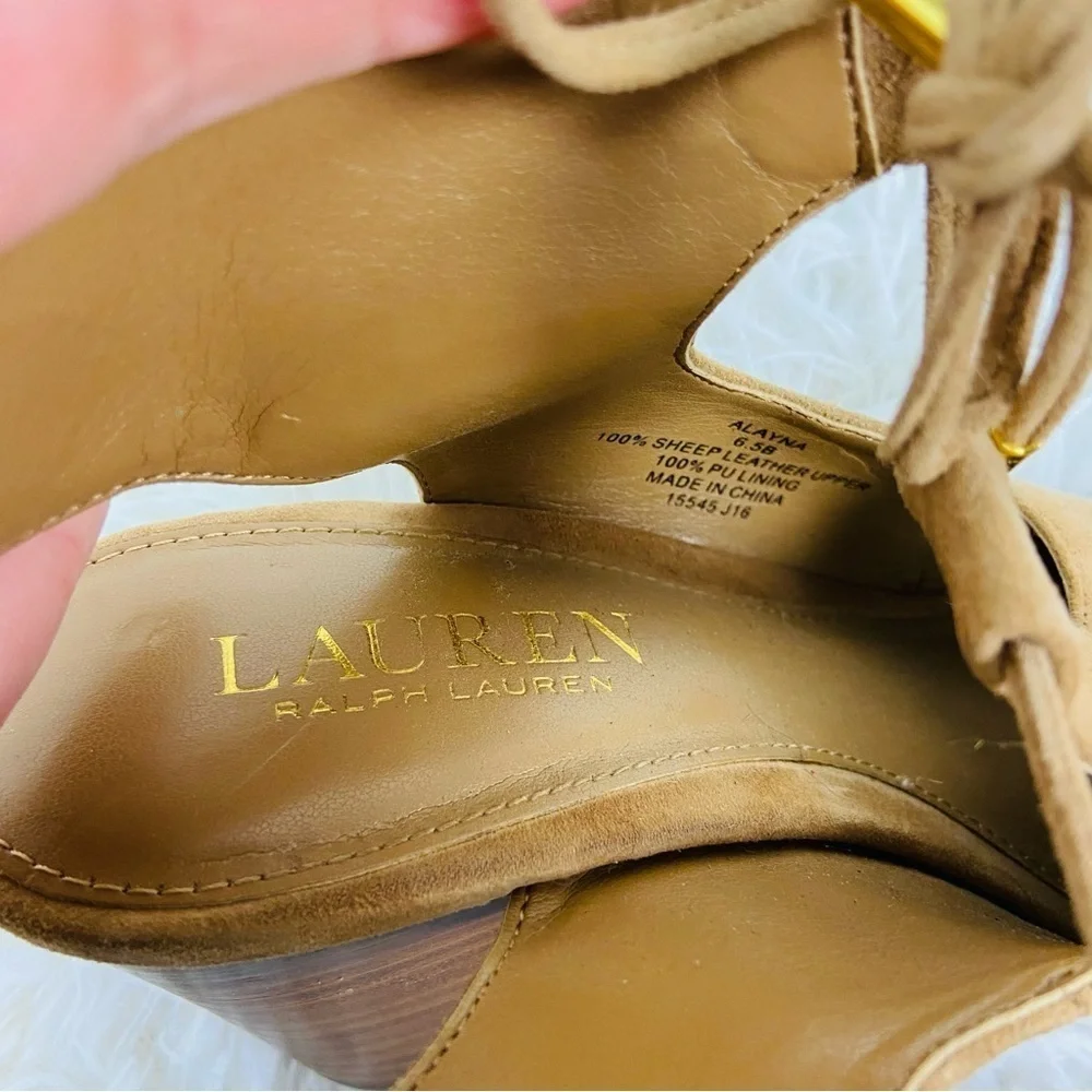 LAUREN RALPH LAUREN tan camel 100% sheep leather open toe suede wedge heels 6.5